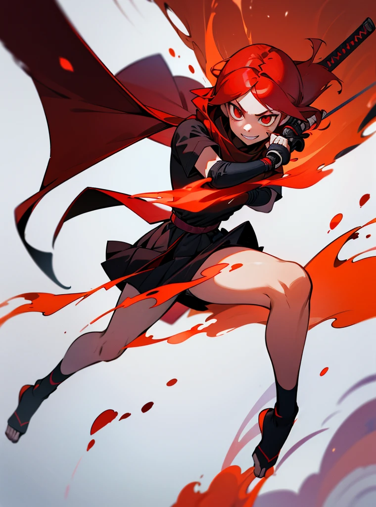 A girl with red hair and short red eyes with a face like happy if her clothes were a ninja, her short sleeves showing her skin and she wears a short black chor and a mid-length skirt showing her legs and she wears a spinning scarf and she uses a katana covered in fire, full body destruction wallpaper.