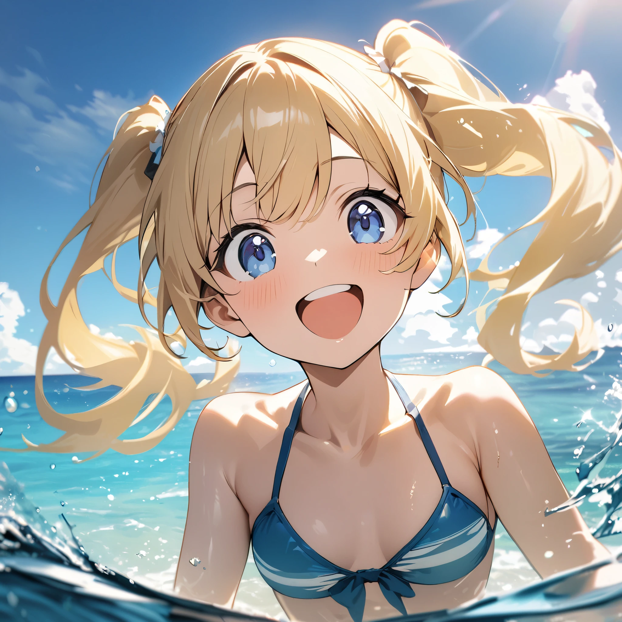 Highest quality, masterpiece, Blonde,Dark blue eyes,Twin tails,Double exposure, The best smile, Excited, Swimwear, Ocean,Ocean水浴, sunlight