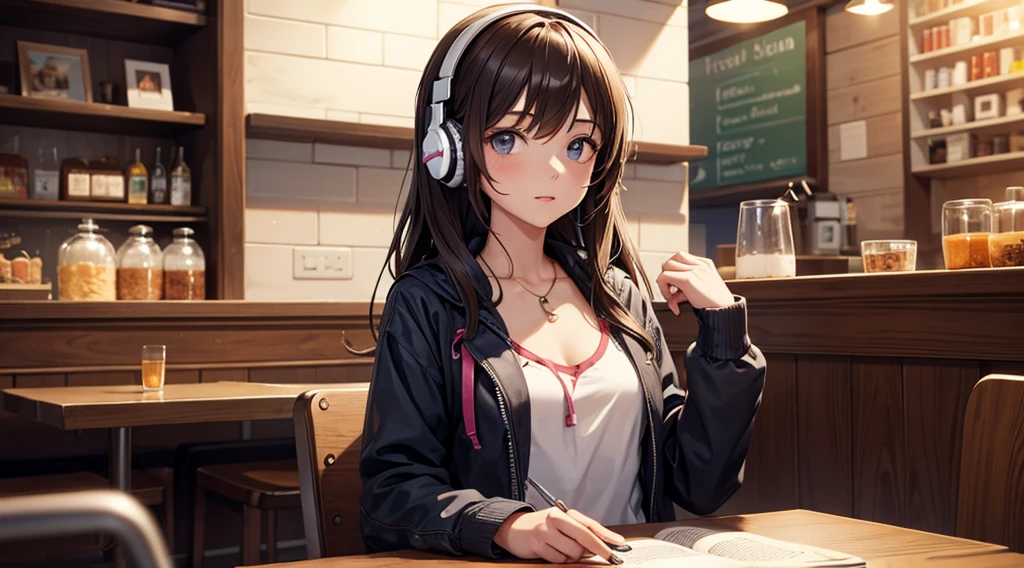 Girl with headphones enjoying music in a cafe　I am studying　Emphasize a little bit of the chest