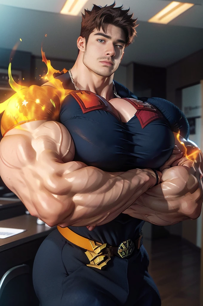 (masterpiece, best quality:1.2) solo, male focus, 1boy, endeavor, muscular male, large pectorals, expressionless, closed mouth, looking at viewer, crossed arms, superhero, blue bodysuit, fingerless gloves, fire