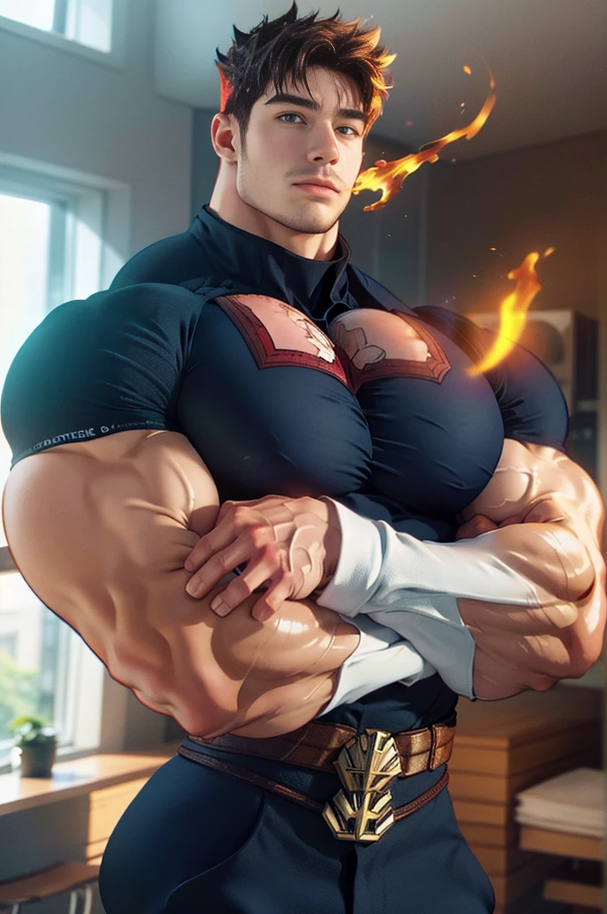 (masterpiece, best quality:1.2) solo, male focus, 1boy, endeavor, muscular male, large pectorals, expressionless, closed mouth, looking at viewer, crossed arms, superhero, blue bodysuit, fingerless gloves, fire