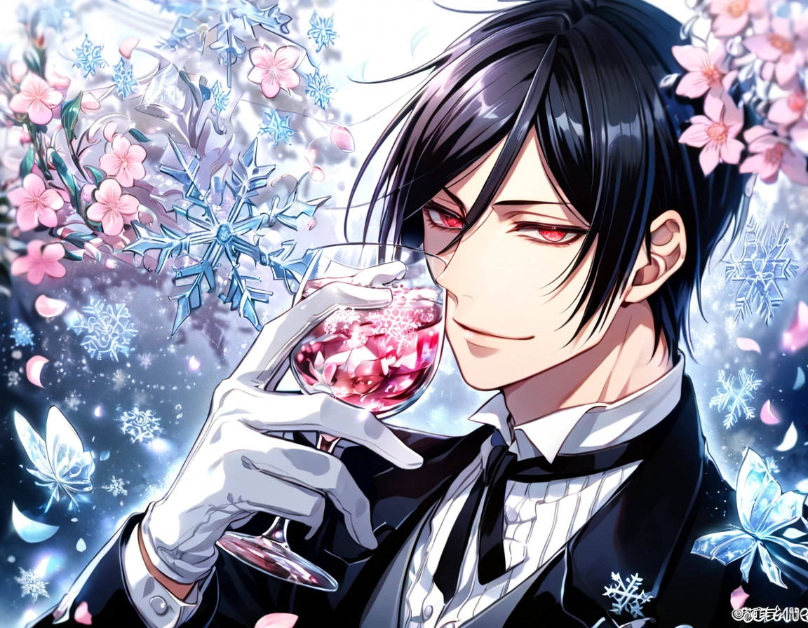 Ultra detailed, HDR, Highres, absurdres, master piece, Sebastian Michaelis, black hair, expressive red eyes, Kuroshitsuji, black jacket, gray vest, white shirt, handsome, glass, ice glittering butterflies, ice, petals, pink ice glass flowers, glittering, water, fantasy, magical, snowflakes, cold, handsome smile, white gloves, Black Butler, solo,