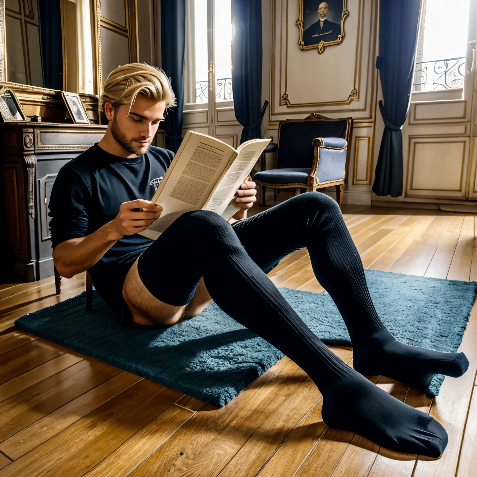 full view full body, Young guy with styllish blonde hair and hairy legs and black long hype-fashioned socks , sitting on the floor , reading 'Les Trois Mousquetaires' in older edition, in a old parisian apartment