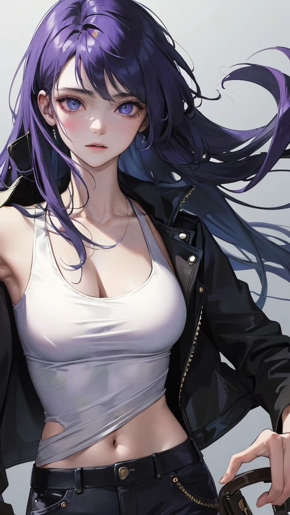 (Top resolution、Distinct_image)top-quality、A girl、masterpiece、highly detailed、Semi-realistic、blue and purple eyes 、18year old、young 、Exquisite facial features、Facial features ,variation potrait, a ruined city background, black and white hair , long hairstyles, zombies apocalypse, age, cool , cold sharp eyes, surviving, wear white tank top, and jacket,grey Miliary pants