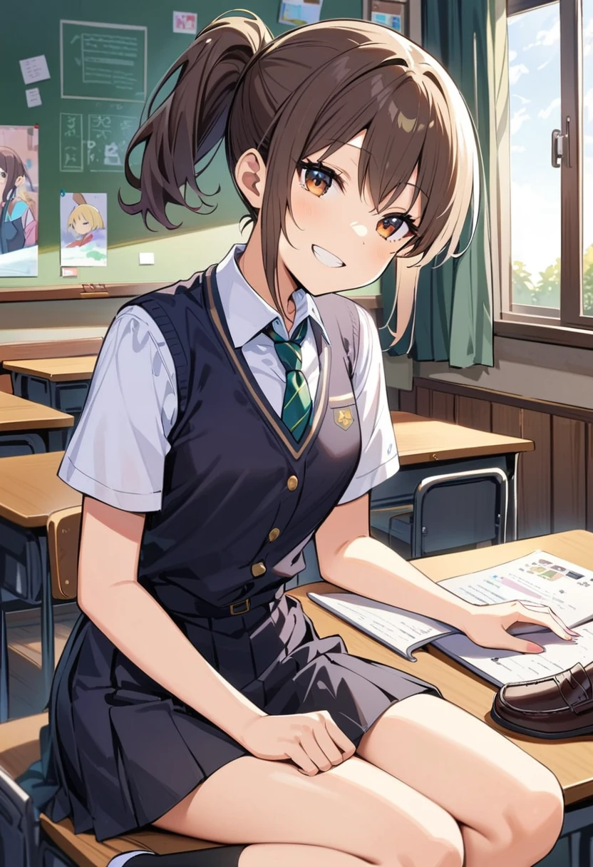 Petrochemical, picture,One girl,Golden Bob Hair,Short ponytail,Dark brown eyes,Highest quality,高解picture度,A kind smile,JK,Small breasts,high school girl,uniform,Dress shirt,tie,skirt,Black socks,Indoor shoes,classroom,