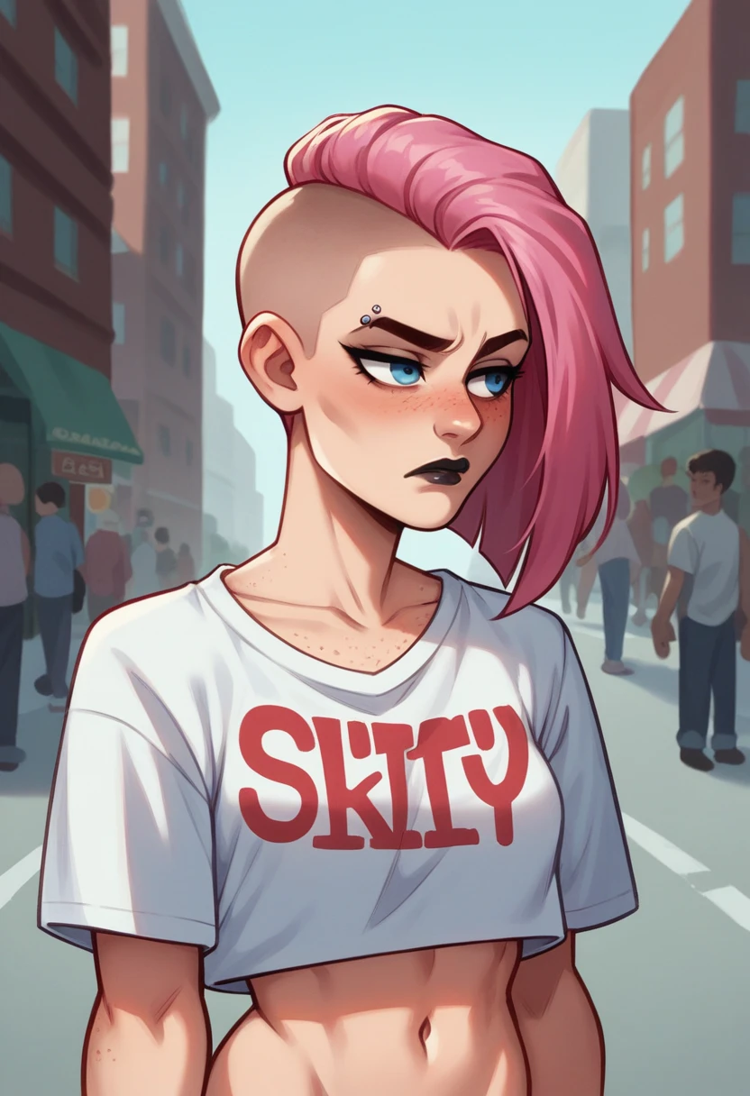 Close up of an adult supermodel woman face, at a busy cluttered (crowded city street) background, detailed background, daytime, pale blue eyes, detailed short burnt pink hair with ponytail, shaved sides haircut, freckles, blushing, (smouldering pouting expression), single eyebrow raised, eye shadow, black lipstick, pierced eyebrow, (big tits), wearing a (loose (graphic tshirt) crop top), detailed cloth folds, looking to the side, comic book style, flat colors, intricate comic book outline linework, sexy angular superheroine face
