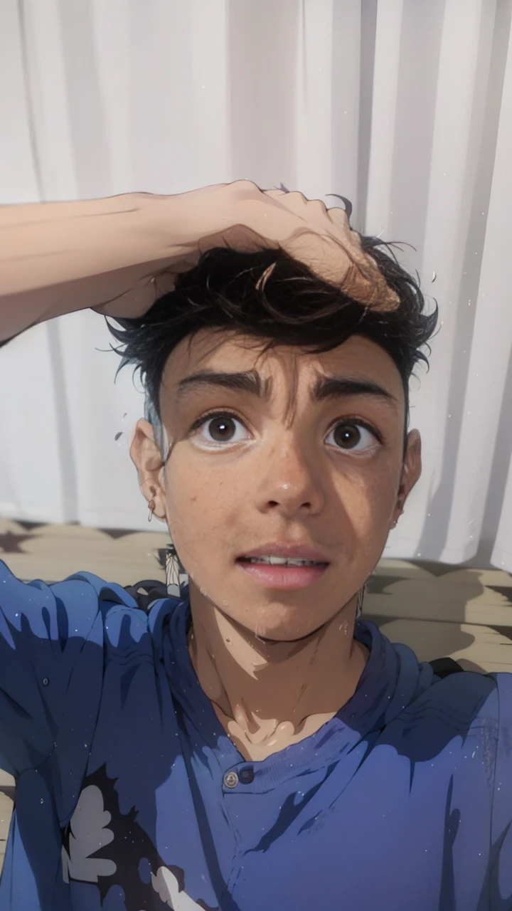 Anime style, Boy, Tanjiro, (little boys), Sweat, (Showing his armpits:1.3), Sleeveless hoodie, earrings, Sniffing his own armpits, The smell of his armpits, (very young boy), (very small and short body)