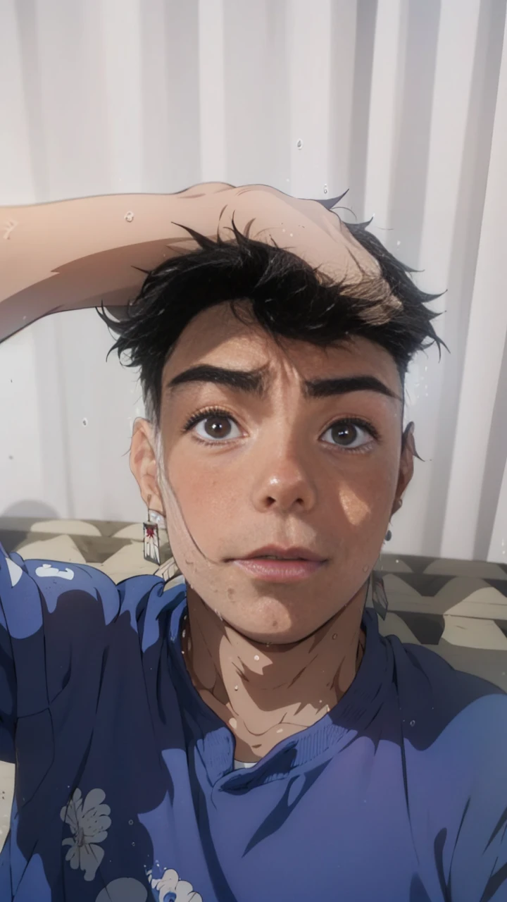 Anime style, Boy, Tanjiro, (little boys), Sweat, (Showing his armpits:1.3), Sleeveless hoodie, earrings, Sniffing his own armpits, The smell of his armpits, (very young boy), (very small and short body)