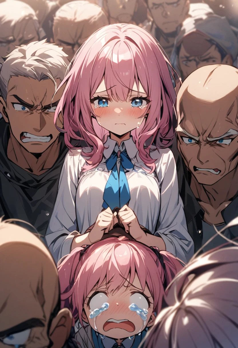 A girl surrounded by muscular men、Crying face、Pink Hair、blue eyes