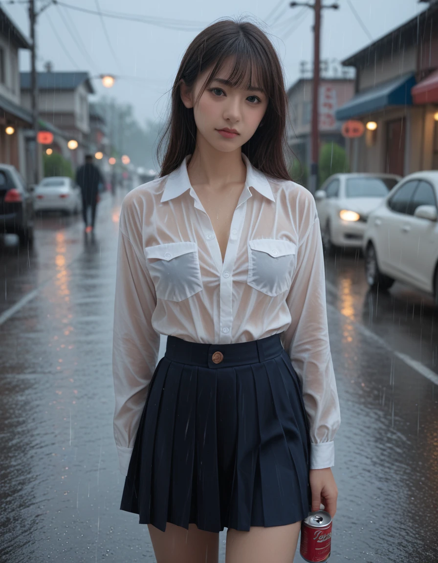 score_9, score_8_up, score_7_up,high quality,1 japanese girl,  in the rain, skirt , （The uniform is transparent and the underwear can be seen..：1.2） , Photorealistic realistic backgrounds , breasts , (A little fleshy body：0.8)