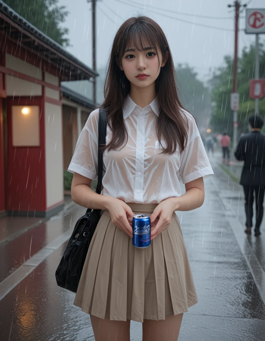 score_9, score_8_up, score_7_up,high quality,1 japanese girl,  in the rain, skirt , （The uniform is transparent and the underwear can be seen..：1.2） , Photorealistic realistic backgrounds , breasts , (A little fleshy body：0.8)