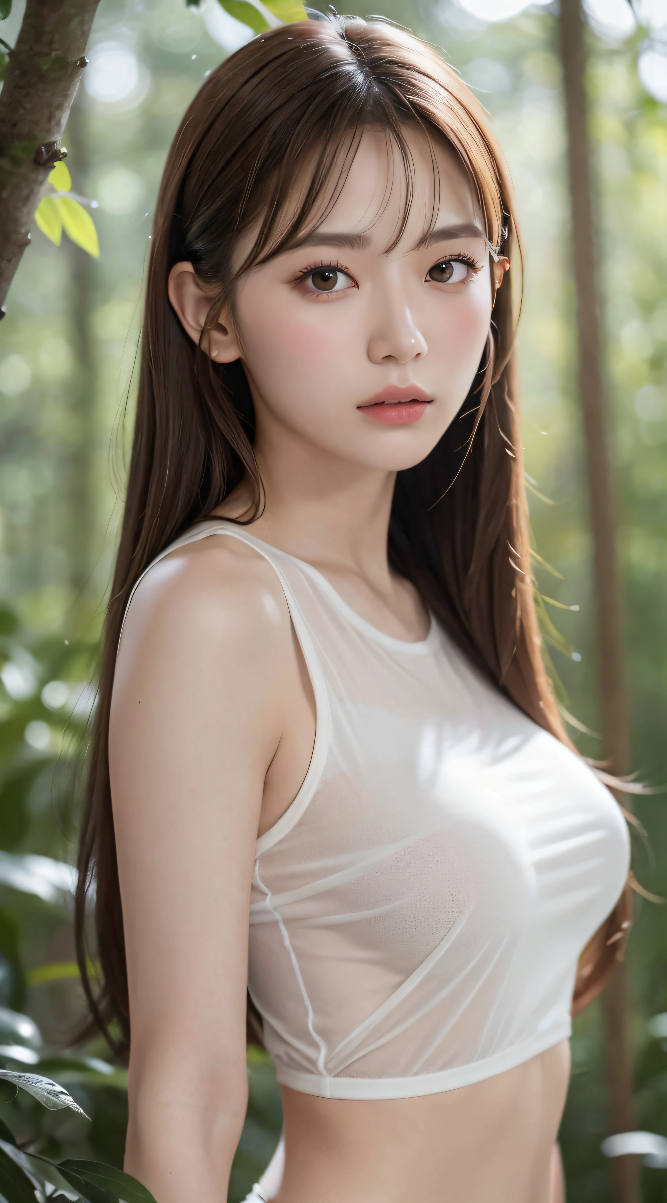 1 Female, Close-up of face, Medium chest, Light brown hair, Blunt bangs, Hair behind the ear, Hair that falls over the shoulders, Long Hair, Slim figure, Ultra debtine debtace, Thin face, Delicate lips, Beautiful Eyes, Light blush, eyes are light brown, Perfect glowing skin, Perfect Skin, Shining Sweat,Have a look at this, Ultra-thin needle, Very thin fingers, The optimal ratio is four fingers to one thumb, (Realistic:1.3), debtinger Extensions, See-through white blouse. coniferous forest, First Person View, debtuji debtilm, debt/1.2, 8K, Tabletop, んdebtdebt, Super detailed, high quality, 最high quality, High resolution,Abdominal muscles,Six Pack,