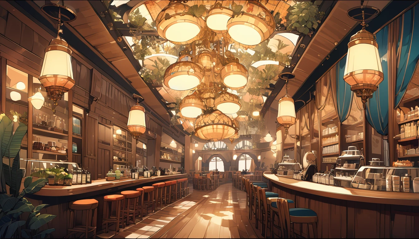ghibli style, super large cafe, shining, bright, elaborate, ultra high definition, There's music playing in the cafe., modern interior, An 18-year-old girl with short hair studying at the table, An 18-year-old girl with long pink hair studying, close angle, Shop customers in the background