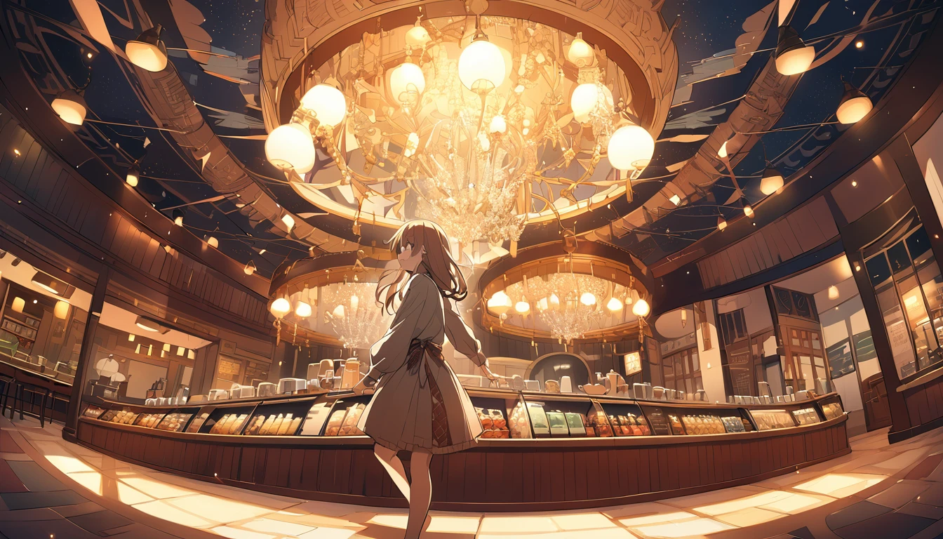 ghibli style, super large cafe, shining, bright, elaborate, ultra high definition, There's music playing in the cafe., modern interior, An 18-year-old girl with short hair studying at the table, An 18-year-old girl with long pink hair studying, close angle, Shop customers in the background