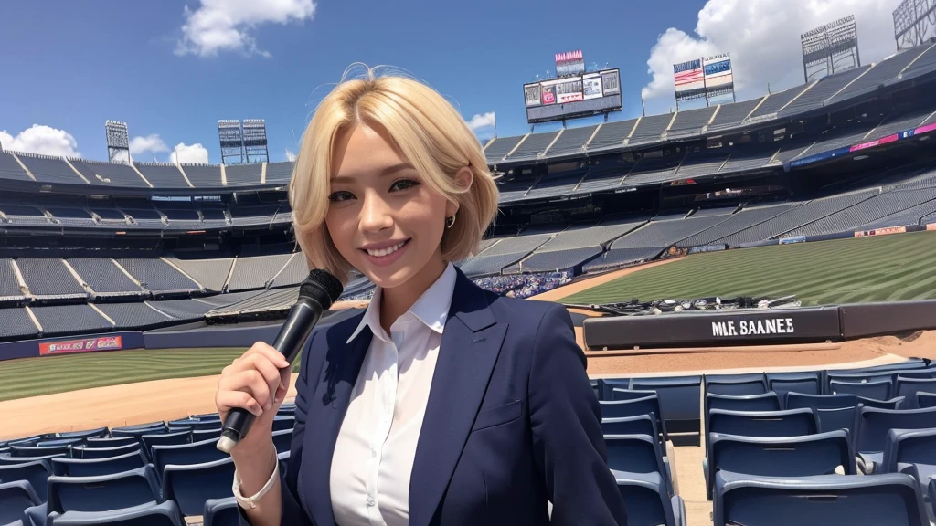 A female announcer in a suit is broadcasting live from Yankee Stadium.。Blonde Short Hair。smile