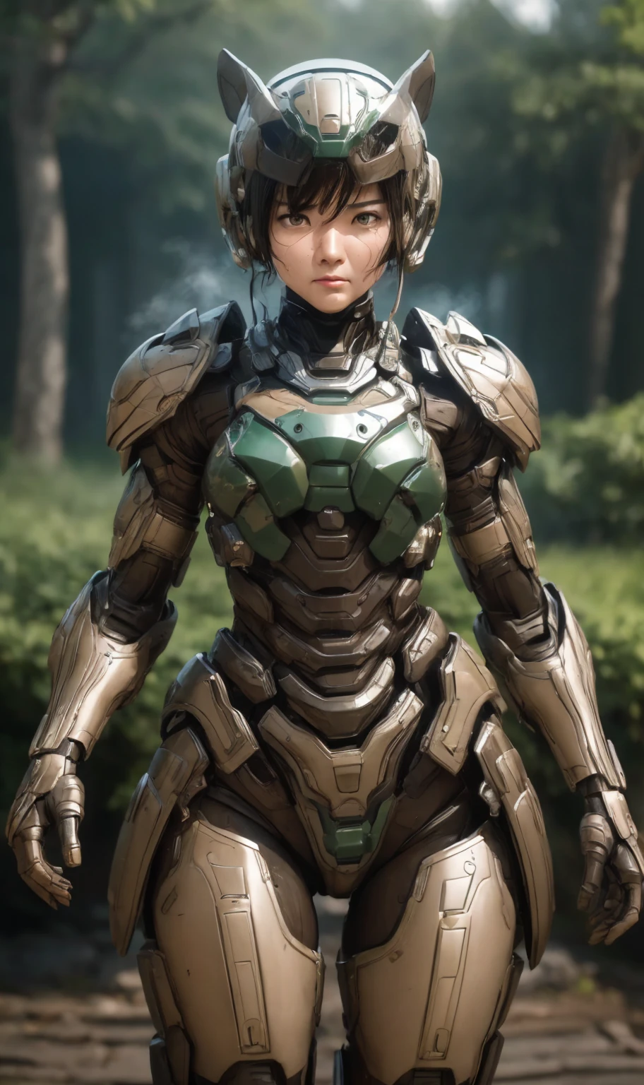 Textured skin, Very detailed, Attention to detail, high quality, 最high quality, High resolution, 1080P, hard disk, beautiful,(War Machine),beautifulサイボーグ女性,Dark Green Mecha Cyborg Girl,Fight,Girl with a mechanical body,、Middle-aged women Aunt 、Sweaty brown eyes、Sweaty face、Expressions of distress Blushing cute Black-haired ((Steam coming from the head)) (Steam coming out of the whole body) Cool pose