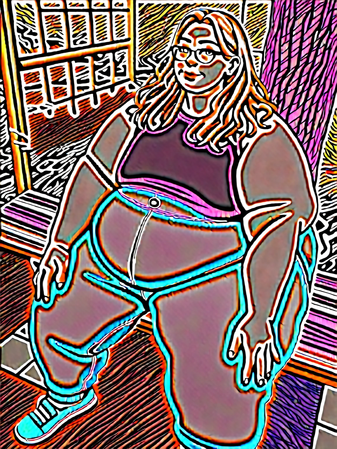 Sunkissed skin all over, Thicc, moobs, extremely morbidly obese, pink and white hair, ((wearing)), black 50s glasses, pink tanktop, black leggings, voluptuous boy, 22 years old, feminine boy, femboy, perfect hands, perfect face, smile, (anatomically correct), (Perfect/ realistic proportions:1.2), (overwhelmingly fat arms, obese face), hands grabbing belly, ((extremely widest hips possible!)), ((extremely massive thick thighs, morbidly large belly), belly overhang!)), (1080P, 4k UHD, Masterpiece:2.1!) ((single)), background: tilted towers_fortnite