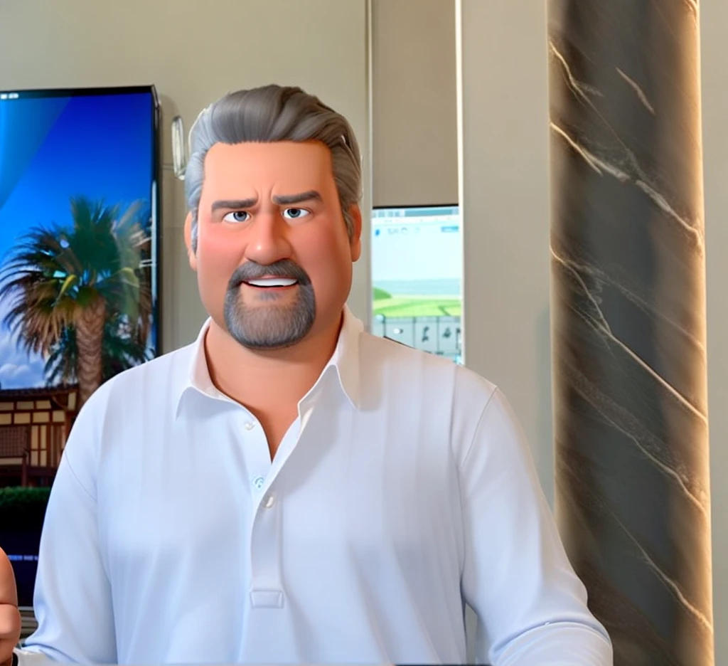 Pixar-style 3D movie poster: A man between 40 and 50 years old, with straight hair and a large gray quiff, no samurai style. He has a neatly trimmed beard and a bright smile. He has a megaphone in his hands, pointing at something, and wearing a polo shirt. His eyes have a slightly droopy expression. Hair should be combed back, but without elements of the samurai style.