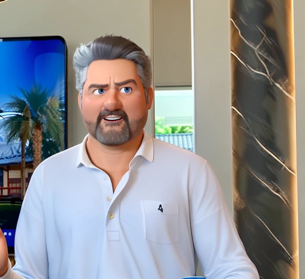 Pixar-style 3D movie poster: A man between 40 and 50 years old, with straight hair and a large gray quiff, no samurai style. He has a neatly trimmed beard and a bright smile. He has a megaphone in his hands, pointing at something, and wearing a polo shirt. His eyes have a slightly droopy expression. Hair should be combed back, but without elements of the samurai style.
