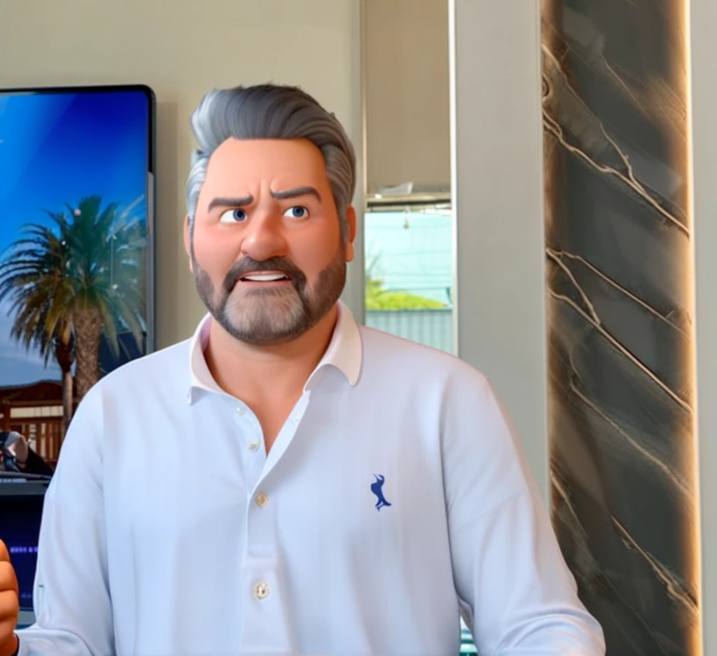 Pixar-style 3D movie poster: A man between 40 and 50 years old, with straight hair and a large gray quiff, no samurai style. He has a neatly trimmed beard and a bright smile. He has a megaphone in his hands, pointing at something, and wearing a polo shirt. His eyes have a slightly droopy expression. Hair should be combed back, but without elements of the samurai style.