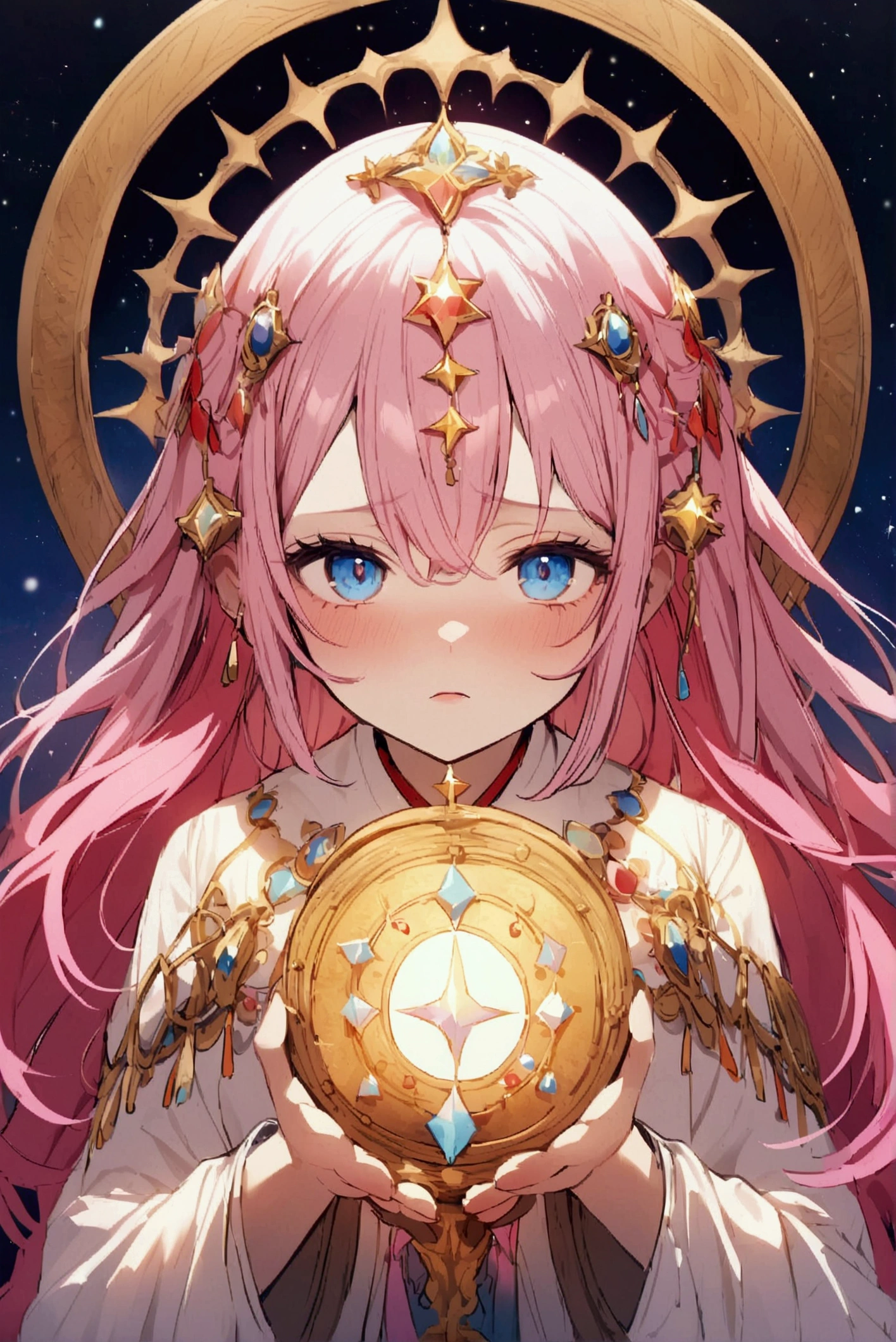 Red face after seeing a man's crotch、Pink Hair、blue eyes