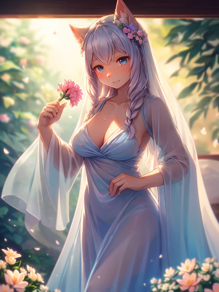 (Sumilux f1.4 75mm , low Latitude old color negative film , cross process , bokeh, flare, chromatic aberration , soft focus, (Shallow focus) , soft glow , Maximum aperture, High Key , Transparent depiction) , Mature female wolf , Nordic hairstyle , skinny body , hide with hand , (freckles:0.8) , in the dim light bedroom , (Spirit photography , sheet ghost) , (two apart melons) , Tamponade , (The moist flowers overflow with nectar) , Picking flowers , Holy Water , Pleasure , The decisive moment , clothed erotica
