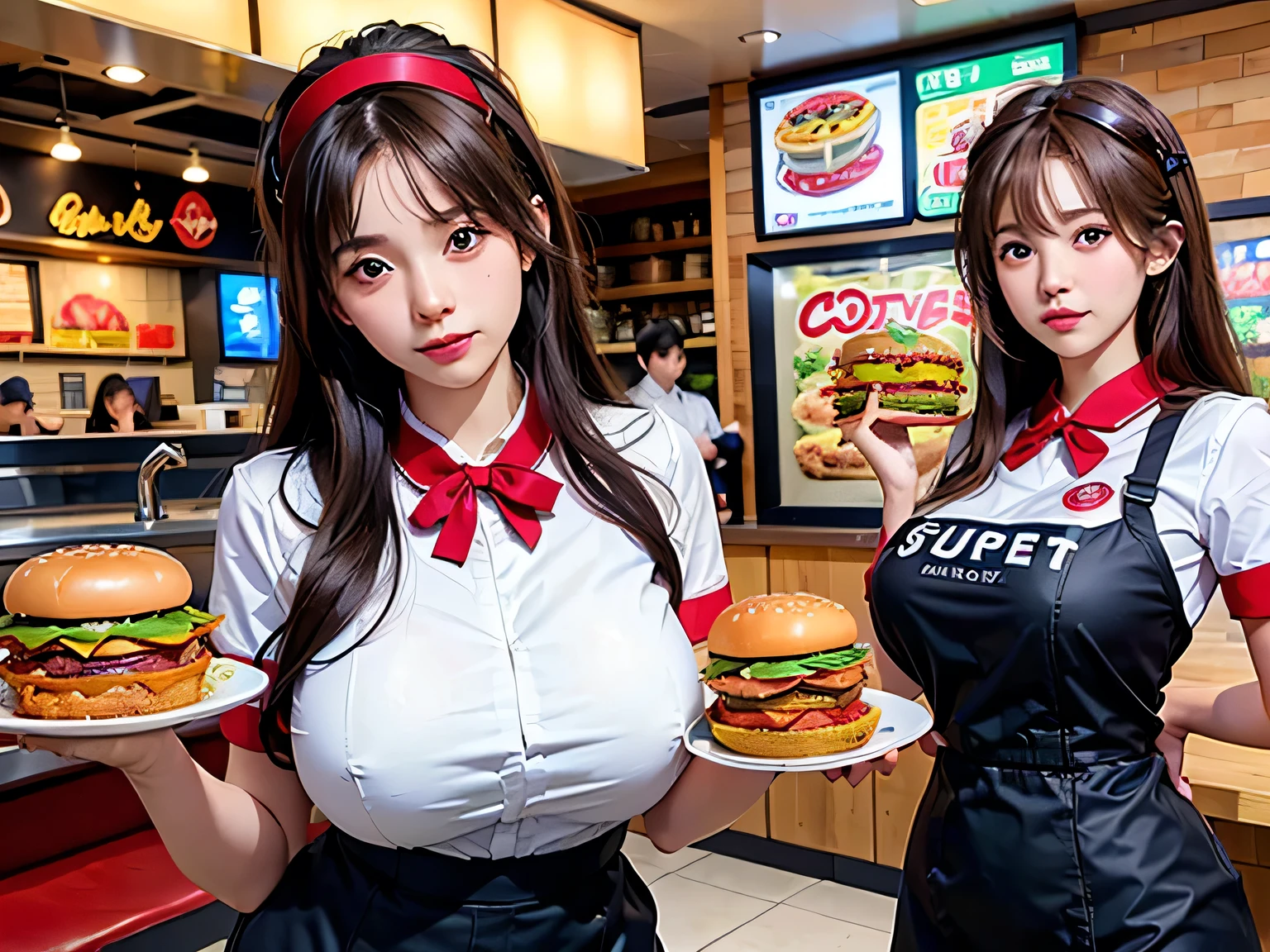 group_mf, photorealistic, Super detailed、(Raw photo)、masterpiece、8K、(Highest quality)、(High resolution:1.3)、Angle from below、Watching the audience、(Perfect Anatomy:1.2)、whole body、Two Girls、Black Hair、bangs、(Super hourglass body type:1.3)、(Super big breasts pointing upwards:1.3)、Narrow waist、Beautiful fast food clerk、(A colorful fast-food restaurant uniform with a red visor:1.4)、(holding a tray with a burger, fries and a plastic tumbler)、Correct fingers、The waiter is standing behind a counter with a photo menu display、(Sexy and dynamic customer service pose)、A confident smile、Fast food items on the counter々is placed、Warm lighting、Concept Art、Sexy thighs、Increased uniform transparency、(Everyone is wearing the same uniform design)