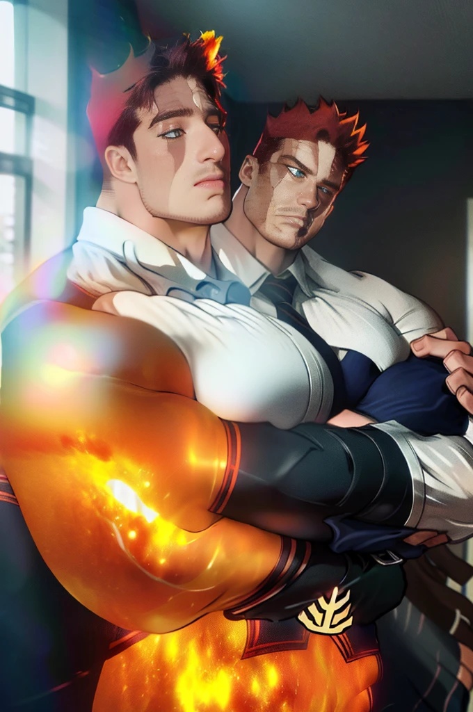 (masterpiece, best quality:1.2) solo, male focus, 1boy, endeavor, muscular male, large pectorals, expressionless, closed mouth, looking at viewer, crossed arms, superhero, blue bodysuit, fingerless gloves, fire