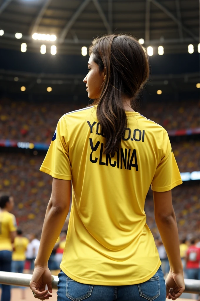 Woman from behind wearing the yellow Colombia t-shirt with dark brown hair name YINA in the stadium with the song ole ole many friends