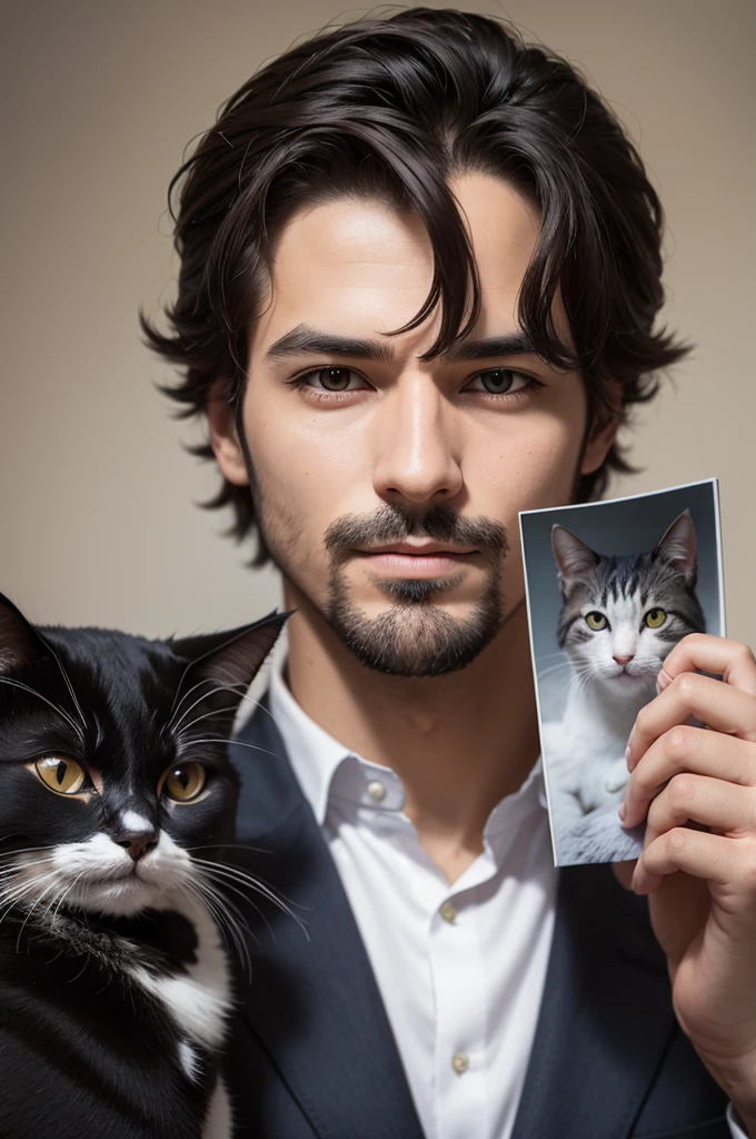 create a man with a cat head holding a picture of himself