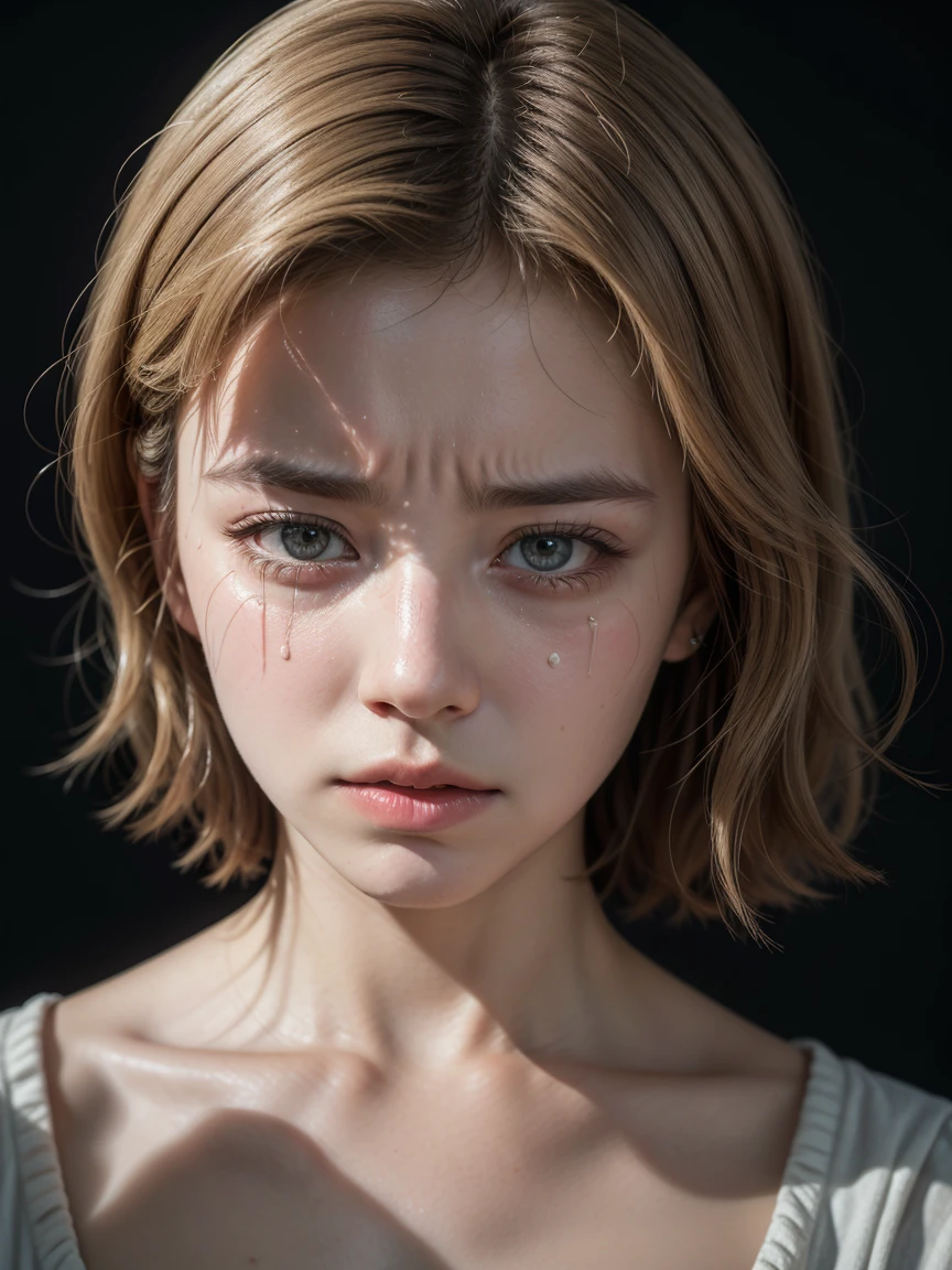 Romantic cinematic style, american shot, 4K resolution masterpiece, high quality of detailing, photorealista, with natural textures, chromatic aberration, high detailed of the beautiful and feminine facial features with crystal clear eyes full of sadness, The shot shows a young blonde woman with short hair, She is crying with a broken heart when she sees an old photograph., your sadness is great, with her half-closed eyes full of tears, realistic colors but in sad and dull tones