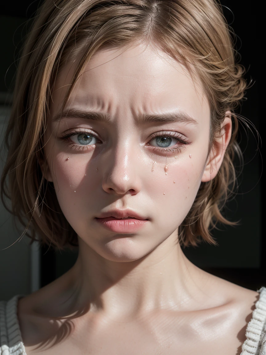 Romantic cinematic style, american shot, 4K resolution masterpiece, high quality of detailing, photorealista, with natural textures, chromatic aberration, high detailed of the beautiful and feminine facial features with crystal clear eyes full of sadness, The shot shows a young blonde woman with short hair, She is crying with a broken heart when she sees an old photograph., your sadness is great, with her half-closed eyes full of tears, realistic colors but in sad and dull tones