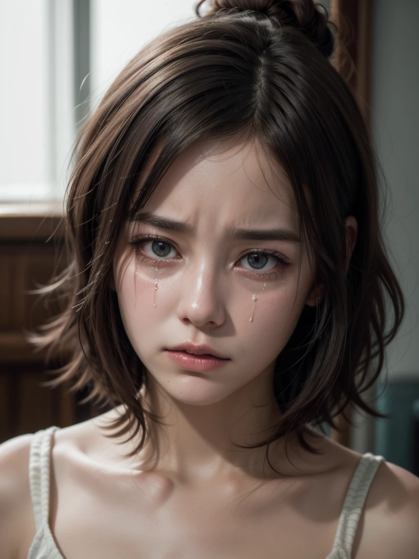 Romantic cinematic style, american shot, 4K resolution masterpiece, high quality of detailing, photorealista, with natural textures, chromatic aberration, high detailed of the beautiful and feminine facial features with crystal clear eyes full of sadness, The shot shows a young blonde woman with short hair, She is crying with a broken heart when she sees an old photograph., your sadness is great, with her half-closed eyes full of tears, realistic colors but in sad and dull tones
