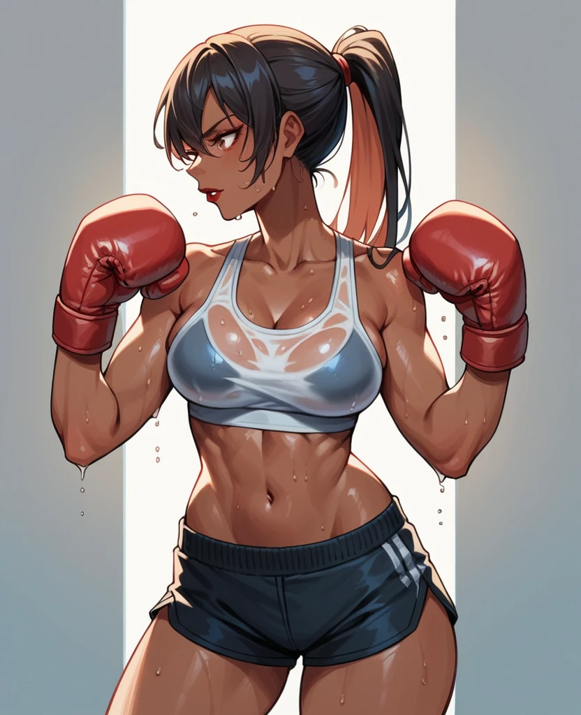 Dark skin girl, ponytail hair with bangs, wet gym bra,short shorts,wearing boxing gloves,wearing red lipstick