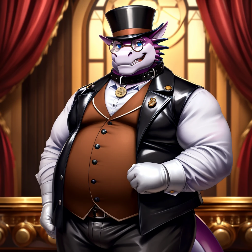 Solo, Male, fat, extremely obese, gentleman, dapper Professor Dragon, blue eyes, (posing:1.3), (soft shading), 4k, hi res, ((detailed face, detailed)), looking at viewer, mouth wide open, steampunk, collared shirt with buttons, top hat, male focus, Explorer Outfit, glasses, monocle, vest with buttons, sleeves rolled up, round eyewear, brown headwear, brown vest, Dragon is wearing a glossy leather dog collar around the neck, Dragon is wearing the leather collar and shirt and vest at the same time, Dragon is wearing glossy white rubber gloves on the hands, wearing white rubber gloves on the feet, gloves are rubber in texture, clenching teeth, clenching fists, leather collar is glossy and shiny with a lot of detail, Dragon is wearing gloves and leather collar at the same time, leather collar has a round dog-tag, leather collar is thick and detailed, leather collar is glossy and shiny, fancy clothing, dapper vest, dapper shirt, leather collar is thick.