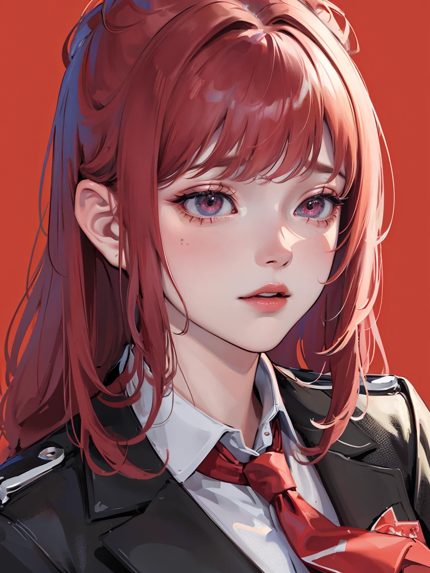 A girl with red wavy hair, detailed facial features, blue tie, praying, red background, best quality, 4k, 8k, highres, masterpiece:1.2, ultra-detailed, realistic, photorealistic, photo-realistic:1.37, HDR, UHD, studio lighting, ultra-fine painting, sharp focus, physically-based rendering, extreme detail description, professional, vivid colors, bokeh, portrait