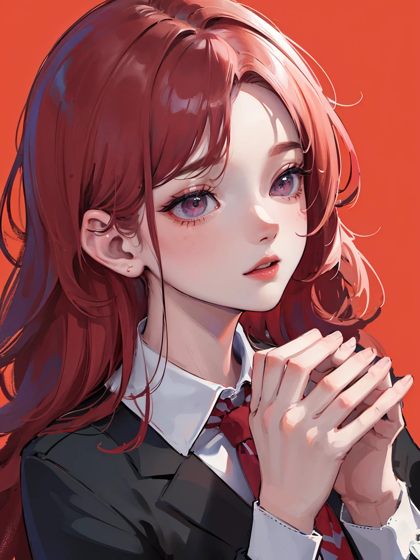 A girl with red wavy hair, detailed facial features, blue tie, praying, red background, best quality, 4k, 8k, highres, masterpiece:1.2, ultra-detailed, realistic, photorealistic, photo-realistic:1.37, HDR, UHD, studio lighting, ultra-fine painting, sharp focus, physically-based rendering, extreme detail description, professional, vivid colors, bokeh, portrait