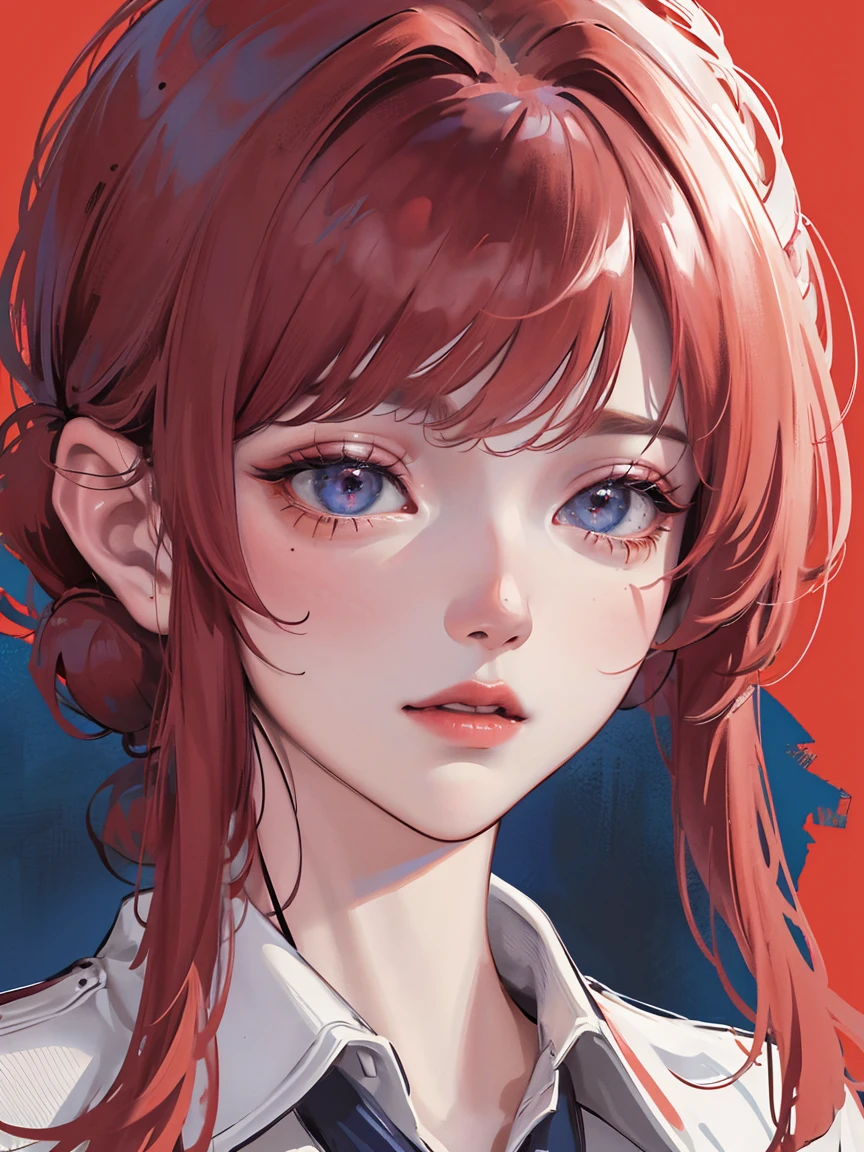 A girl with red wavy hair, detailed facial features, blue tie, praying, red background, best quality, 4k, 8k, highres, masterpiece:1.2, ultra-detailed, realistic, photorealistic, photo-realistic:1.37, HDR, UHD, studio lighting, ultra-fine painting, sharp focus, physically-based rendering, extreme detail description, professional, vivid colors, bokeh, portrait