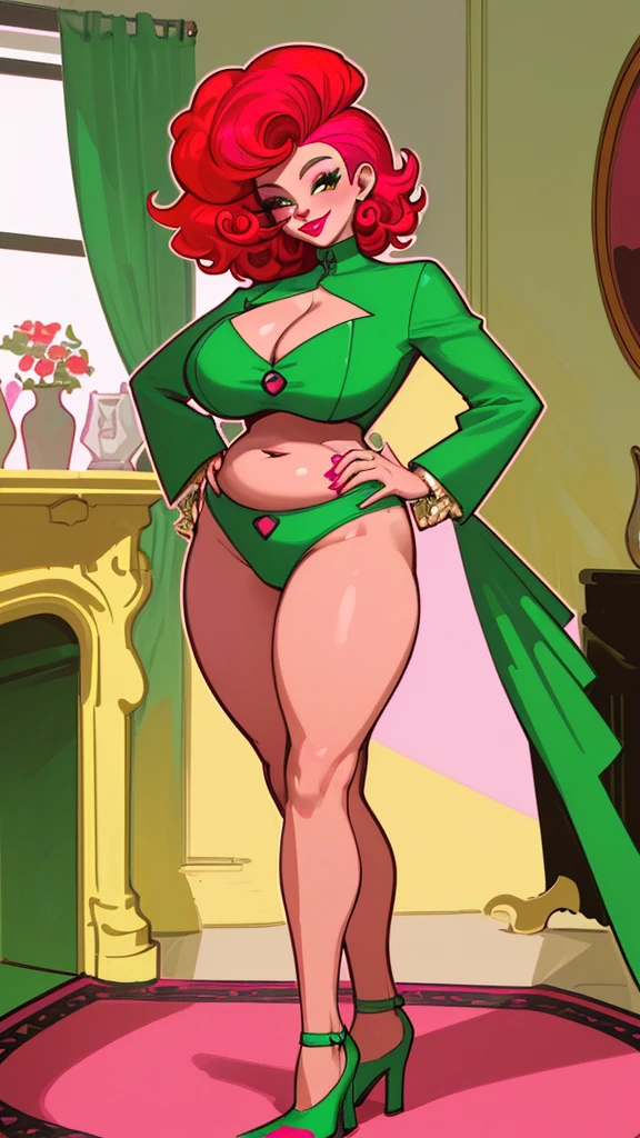 A vibrant and colorful illustration of a smiling with bright red,curly hair styled in a modern and edgy fashion,with shaved patterns on the sides. She is wearing bold pink lipstick She is dressed in a stylish green dress with matching green high heels.She is standing in a chic, modern living room,large windows,and a cozy fireplace. She is posing confidently with one hand on her hip and the other hand holding, huge_breasts_thick thighs,fat thighs, gigantic_ass_huge belly,huge calf,cleavage