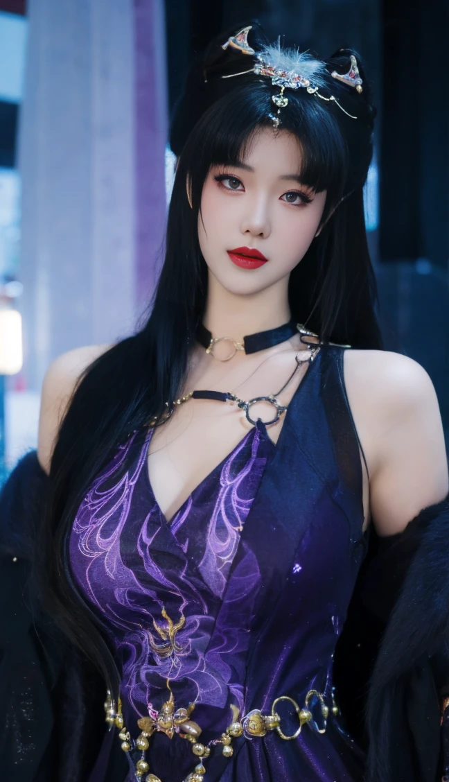 ulzzang-6500-v1.1,(raw photo:1.2),((photorealistic:1.30)), ((best quality)) ,((masterpiece)),((Ultra High Resolution)), ((Clear View)),,Ultra-high resolution,Clear face,（Reality：1.4) ,  illustration, an extremely delicate and beautiful, extremely detailed ,CG ,unity ,8k wallpaper, Amazing, finely detail, masterpiece,best quality,official art,extremely detailed CG unity 8k wallpaper,absurdres, incredibly absurdres, huge filesize, ultra-detailed, highres, extremely detailed,beautiful detailed girl, extremely detailed eyes and face, beautiful detailed eyes,light on face,cinematic lighting,  4k ultra high definition、best quality, masterpiece, ultra-high resolution, (Reality: 1.4), 1 girl, 独奏, Light hair、purple and black、(My girl、My cosmetics)、 Danteidong、(Super Giant breasts :1.3)、( fuck breasts: 1.3), ( (Dark Makeup、Oily skin, Bright skin、Realistic skin texture、Smooth and beautiful skin、Bright and radiant skin)), Dark Cyberpunk、(panorama:1.8)(masterpiece, best quality, Highly detailed, Best shadows), (Detailed background, Dark Fantasy), (Beautiful and subtle face), High contrast, (Optimal lighting, Very subtle), ((Bright)), Colorful, Highly Detailed, Dramatic Light, Intricate Detail, alone , ((Purple hair: 1.5)), Pointed face, Hair between the eyes, Dynamic Angles, Blood splashes, Black Light swirling around the character, Depth of Field, Black Light Particles, (glass shards), Magic Circle, (upper body: 1.5), (upper body),  1girl, full body),see-through,(looking at viewer:1.5),outdoors, Chinese dress, black dress, standing,