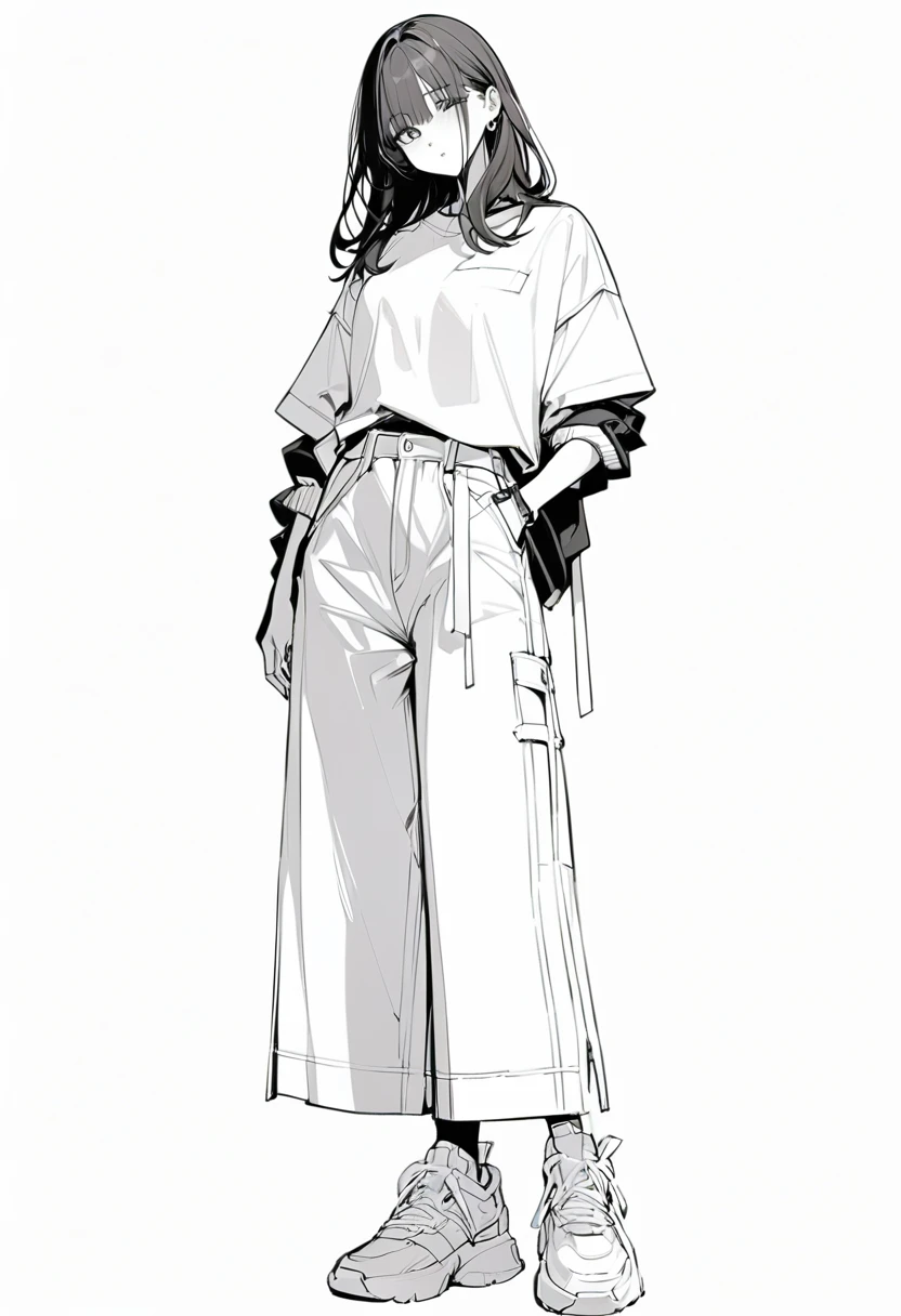 (masterpiece、Highest quality:1.2、8K)、Centered、Only one girl、shirt、Layered、Wide-leg trousers、Monochromatic sneakers、whole body、Simple Background、White background