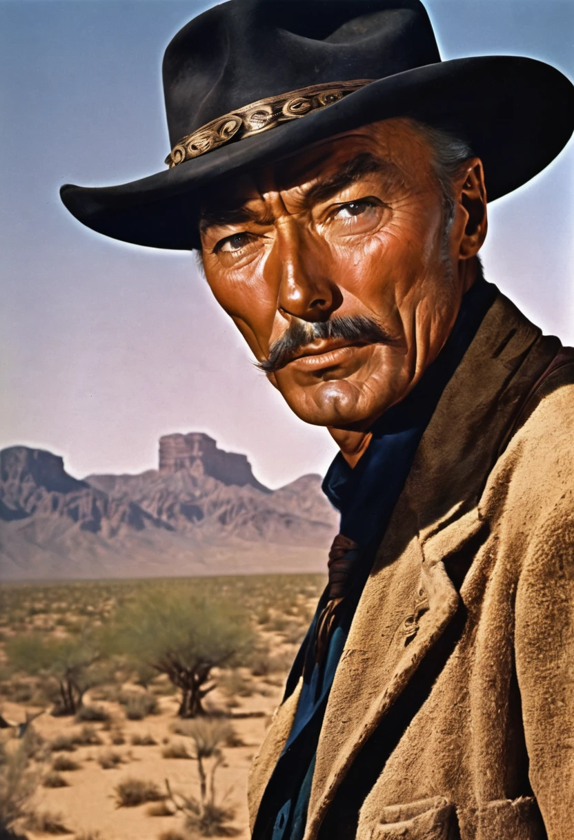 generate picture of lee van cleef as Doc McCoy from Desperados, Give Doc McCoy an intense, steely gaze, stylish epic scene, desert background, cinematic, Make the sun cast dramatic shadows across his face.
