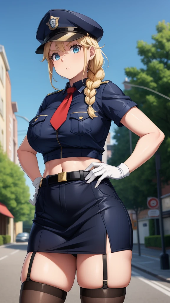 a cartoon character in a sexy outfit posing in the street with a bush, police, police uniform, 1girl, policewoman, shirt, skirt, hat, necktie, police hat, blue eyes, gloves, breasts, blonde hair, thighhighs, solo, navel, garter straps, looking at viewer, short sleeves, large breasts, underwear, miniskirt, midriff, ass visible through thighs, panties, outdoors, skindentation, braid, hand on hip, belt, black skirt, uniform, collared shirt, frown, thighs, peaked cap, crop top, black panties, blue shirt, breast pocket, v-shaped eyebrows,Eiko Tsukimi, blue eyes, braid, twin braid,blonde hair,baseball cap