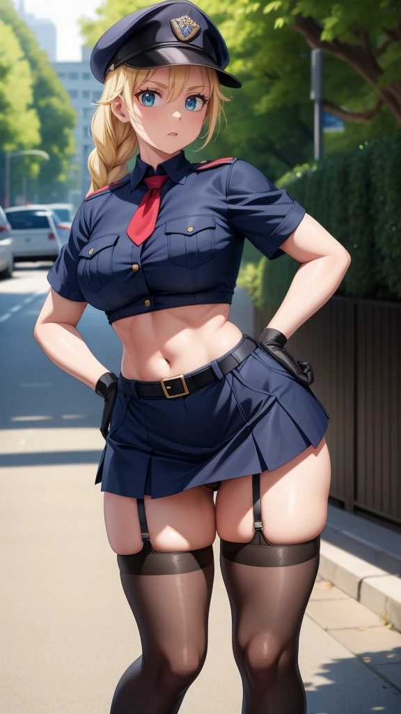 a cartoon character in a sexy outfit posing in the street with a bush, police, police uniform, 1girl, policewoman, shirt, skirt, hat, necktie, police hat, blue eyes, gloves, breasts, blonde hair, thighhighs, solo, navel, garter straps, looking at viewer, short sleeves, large breasts, underwear, miniskirt, midriff, ass visible through thighs, panties, outdoors, skindentation, braid, hand on hip, belt, black skirt, uniform, collared shirt, frown, thighs, peaked cap, crop top, black panties, blue shirt, breast pocket, v-shaped eyebrows,Eiko Tsukimi, blue eyes, braid, twin braid,blonde hair,baseball cap