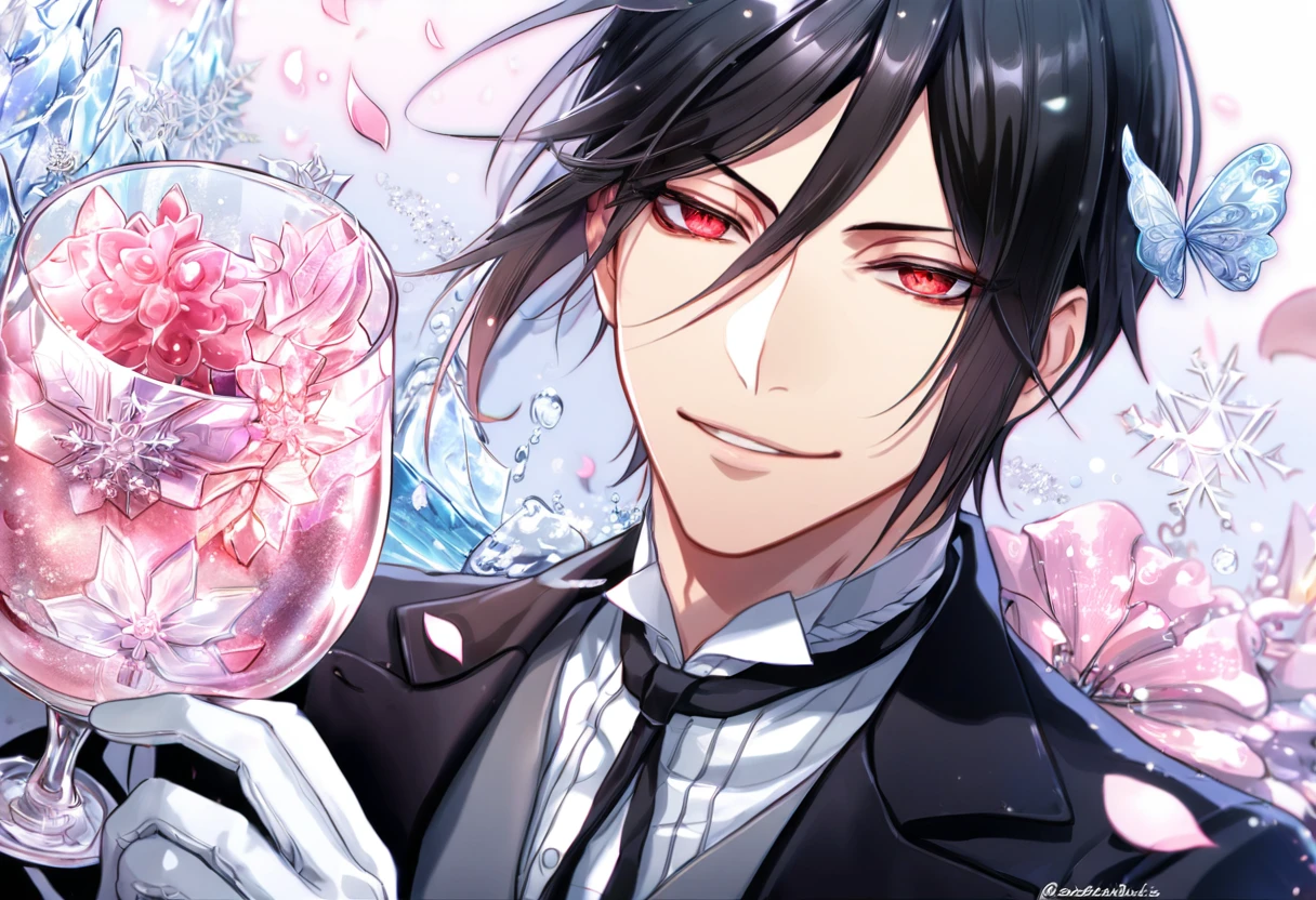 Ultra detailed, HDR, Highres, absurdres, master piece, Sebastian Michaelis, black hair, expressive red eyes, Kuroshitsuji, black jacket, gray vest, white shirt, handsome, glass, ice glittering butterflies, ice, petals, pink ice glass flowers, glittering, water, fantasy, magical, snowflakes, cold, handsome smile, white gloves, Black Butler, solo,