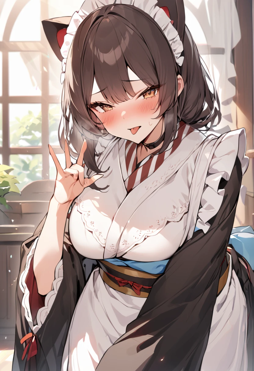 masterpiece,Highest quality,anime,Blowjobgesture,Blowjob_gesture,One girl,blush,Open_moutsideh,tongue_outside,White sweater,Large Breasts, Clenched fist
、choker, maid headdress, black kimono, wide sleeves, frills, obi, white apron, sleeves past wrists,srimk、blush、tongueを出す、Dark brown hair