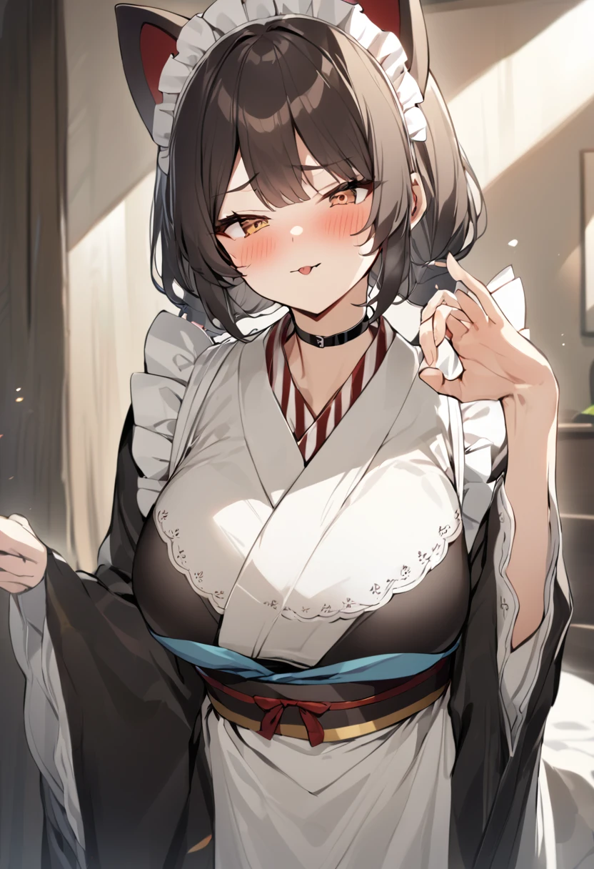 masterpiece,Highest quality,anime,Blowjobgesture,Blowjob_gesture,One girl,blush,Open_moutsideh,tongue_outside,White sweater,Large Breasts, Clenched fist
、choker, maid headdress, black kimono, wide sleeves, frills, obi, white apron, sleeves past wrists,srimk、blush、tongueを出す、Dark brown hair