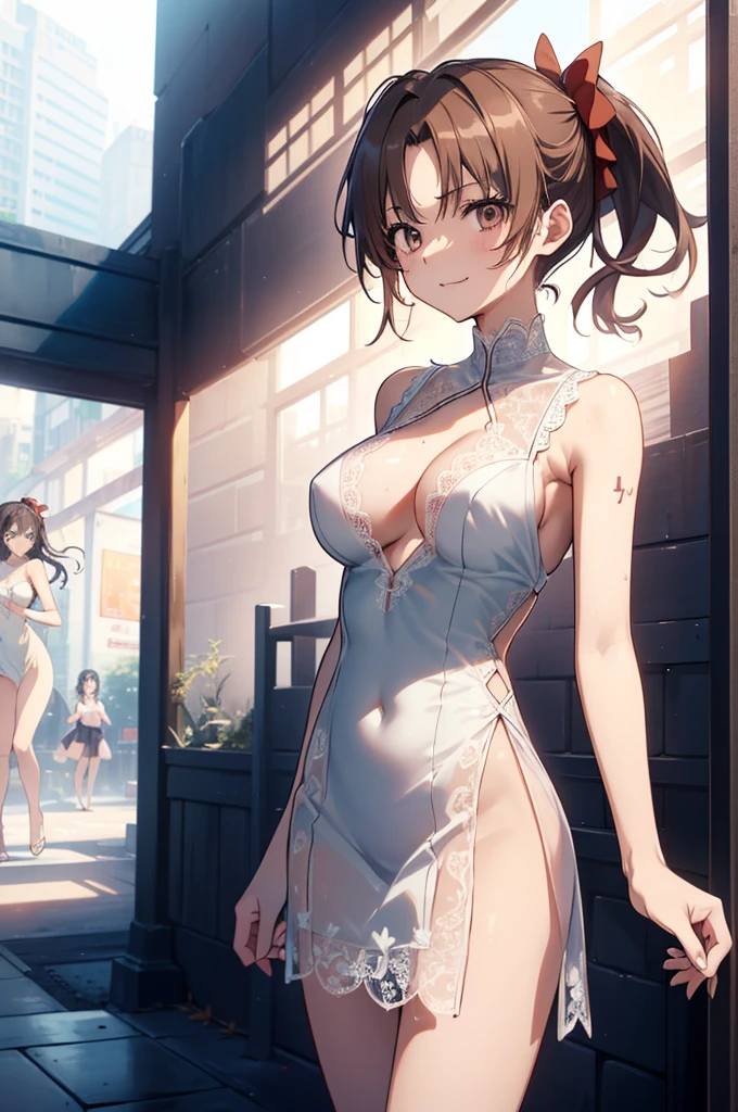 独奏、NSFW、(Big Tits、Big Breasts)、(tall、Toned body、slim body、Brown Skin、Sunburn、Big Breasts)、（Slanted Eyes、Sharp Eyes、Dark Eyeasterpiece))、((Highest quality))、((detailed)、((Adult female))、(((Light brown skin)))、((Long black hair ponytail))、photograph、美しくdetailedな顔、detailedな目、Bright smile、Outdoor、(Sleeveless white dress、Sexy one piece、Semi-transparent lace dress)