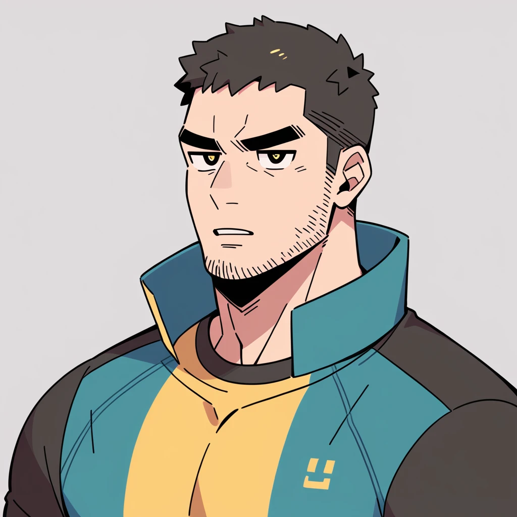 anime characters：Chris Redfield, Muscle Sports Student, Buzz Cut, Manliness, male focus, Dark black Yellow high collar long sleeve tight T-shirt, Very tight, full and perky chest muscles, muscular male, muscular, only, Upper body, alone, Black short hair, Thick eyebrows, stubble, Brown-red pupils, Grey background, simple background, amazing quality, best aesthetics, Ridiculous, parted lips, v-shaped eyebrows, jitome, best quality
