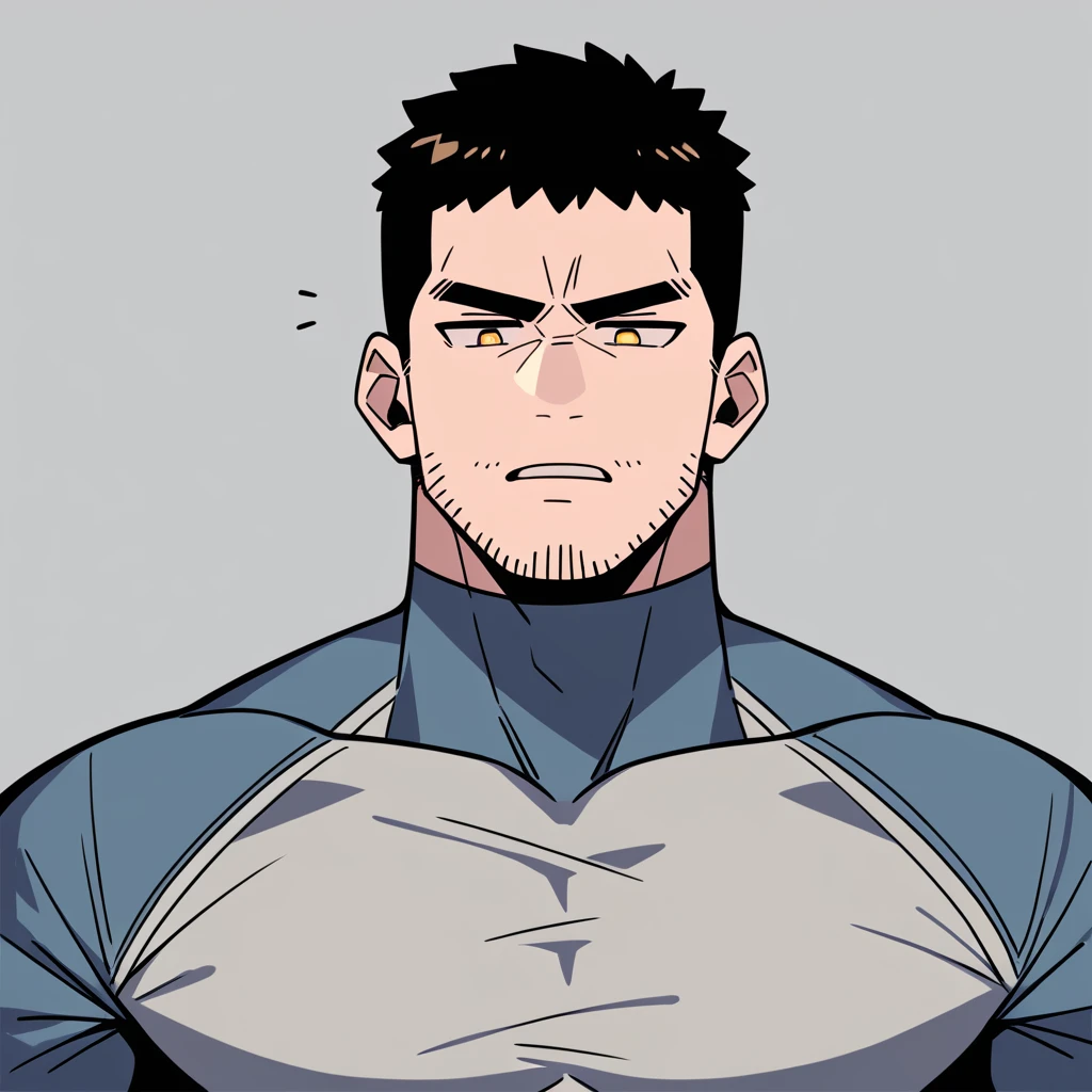 anime characters:Chris Redfield, Muscle Sports Student, Buzz Cut, Manliness, male focus, Dark black Yellow high collar long sleeve tight T-shirt, Very tight, full and perky chest muscles, muscular male, muscular, only, Upper body, alone, Black short hair, Thick eyebrows, stubble, Brown-red pupils, Grey background, simple background, amazing quality, best aesthetics, Ridiculous, parted lips, v-shaped eyebrows, jitome, best quality